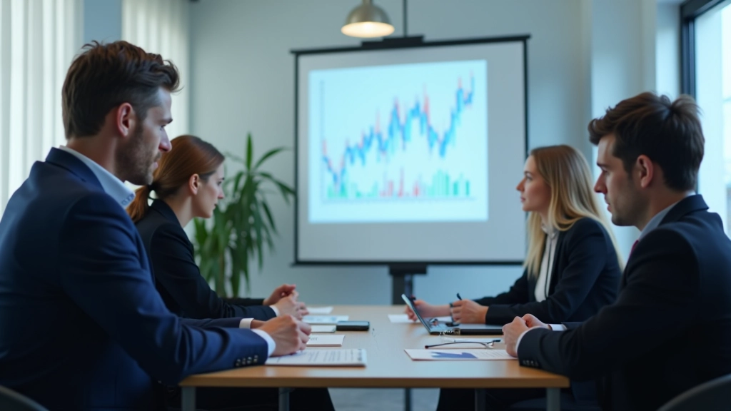 Groupe de personnes dans une salle de formation financière moderne, regardant un écran avec des graphiques, prise de vue latérale, éclairage naturel