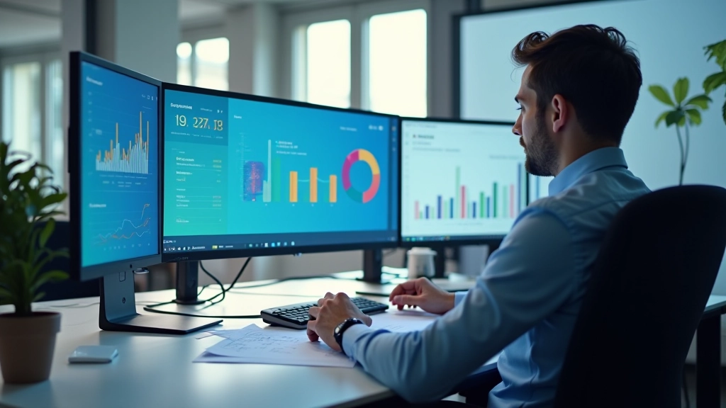 Bureau moderne avec graphiques financiers et ordinateur portable, espace de travail professionnel avec éclairage naturel