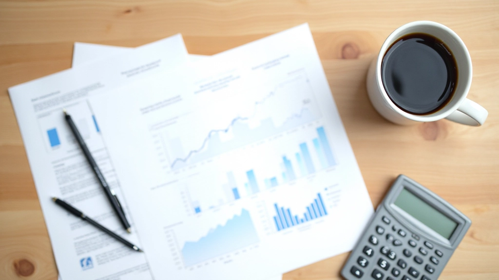 Vue de dessus d'un bureau financier avec graphiques, calculatrice et rapports d'investissement responsable