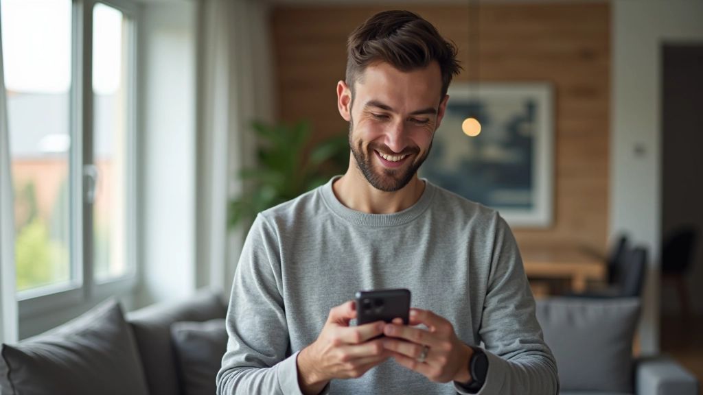 Personne utilisant une application bancaire sur un smartphone, effectuant un virement depuis son canapé, environnement de salon moderne avec décoration minimale