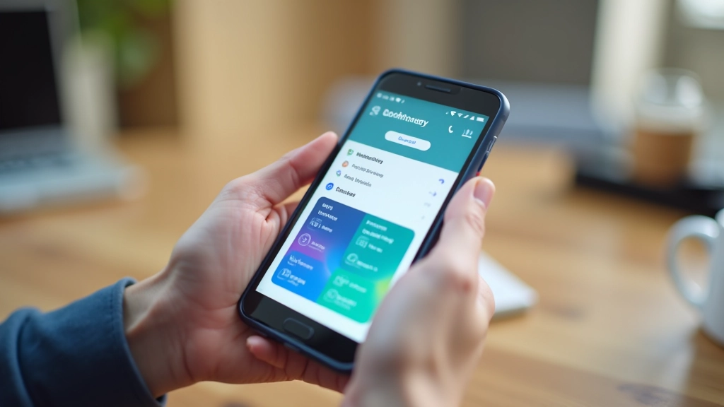 Smartphone avec application bancaire ouverte, écran affichant un portefeuille numérique coloré et moderne