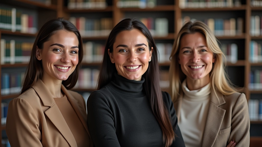 Trois femmes d'âges différents souriantes dans une bibliothèque moderne avec des livres financiers sur les étagères en arrière-plan, prise de vue naturelle