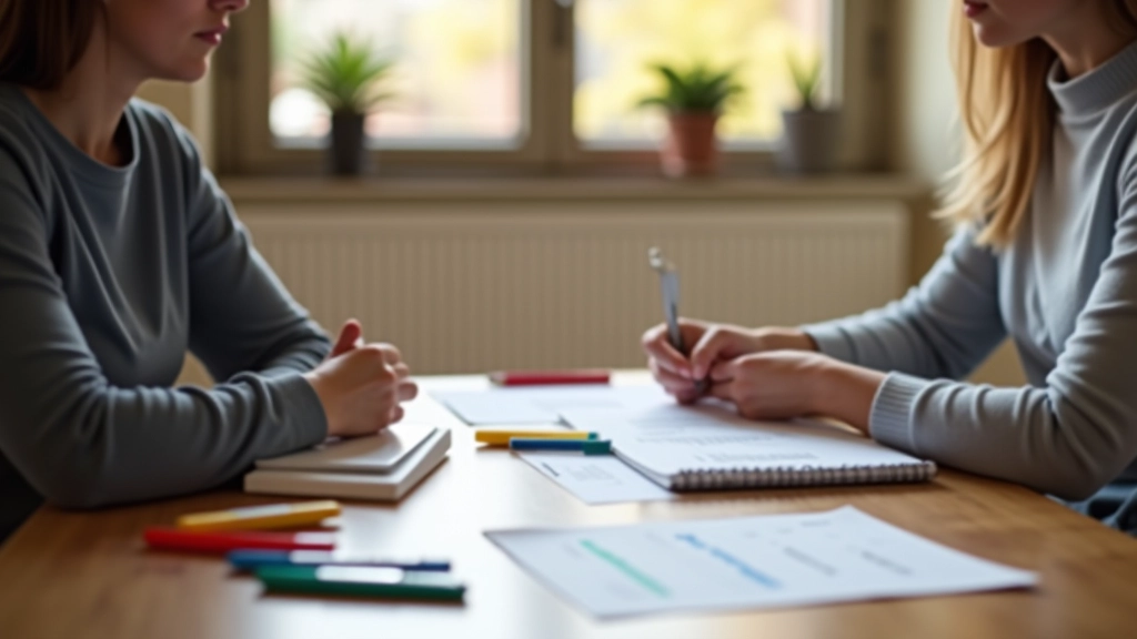 Couple discutant de leur stratégie d'épargne à table avec documents et stylos colorés