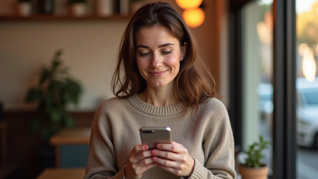 Femme utilisant une application bancaire sur son smartphone, assise confortablement dans un café moderne