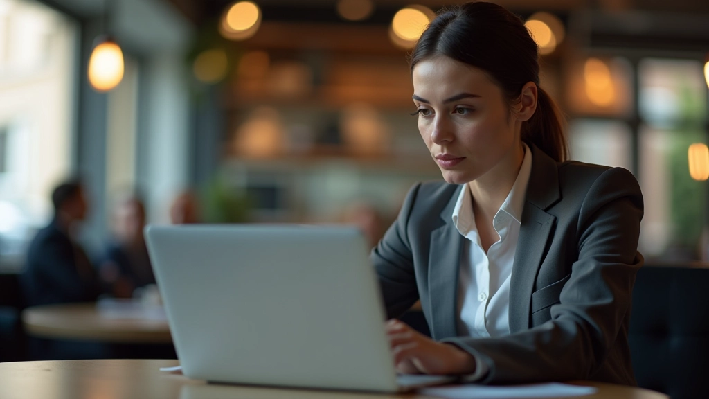 Femme analysant des données financières sur son ordinateur portable dans un café moderne
