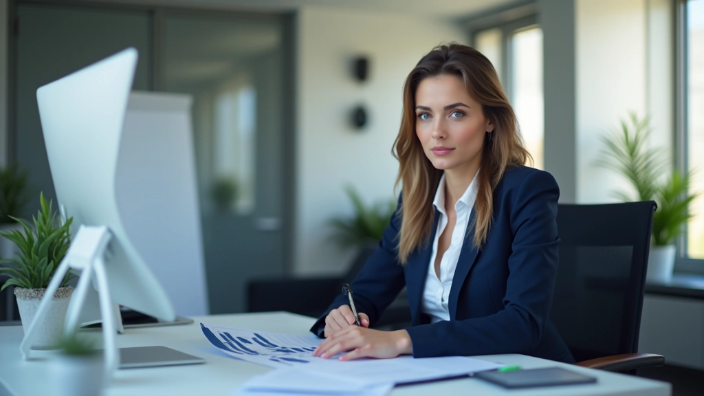 Femme professionnelle à son bureau analysant des données financières avec concentration et confiance