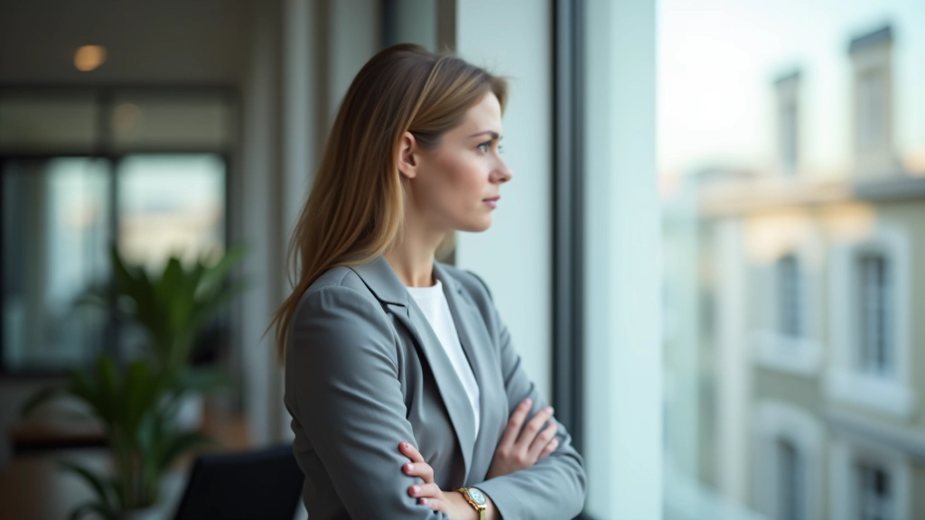 Femme regardant par la fenêtre, pensive, réfléchissant à ses stratégies financières dans un bureau lumineux